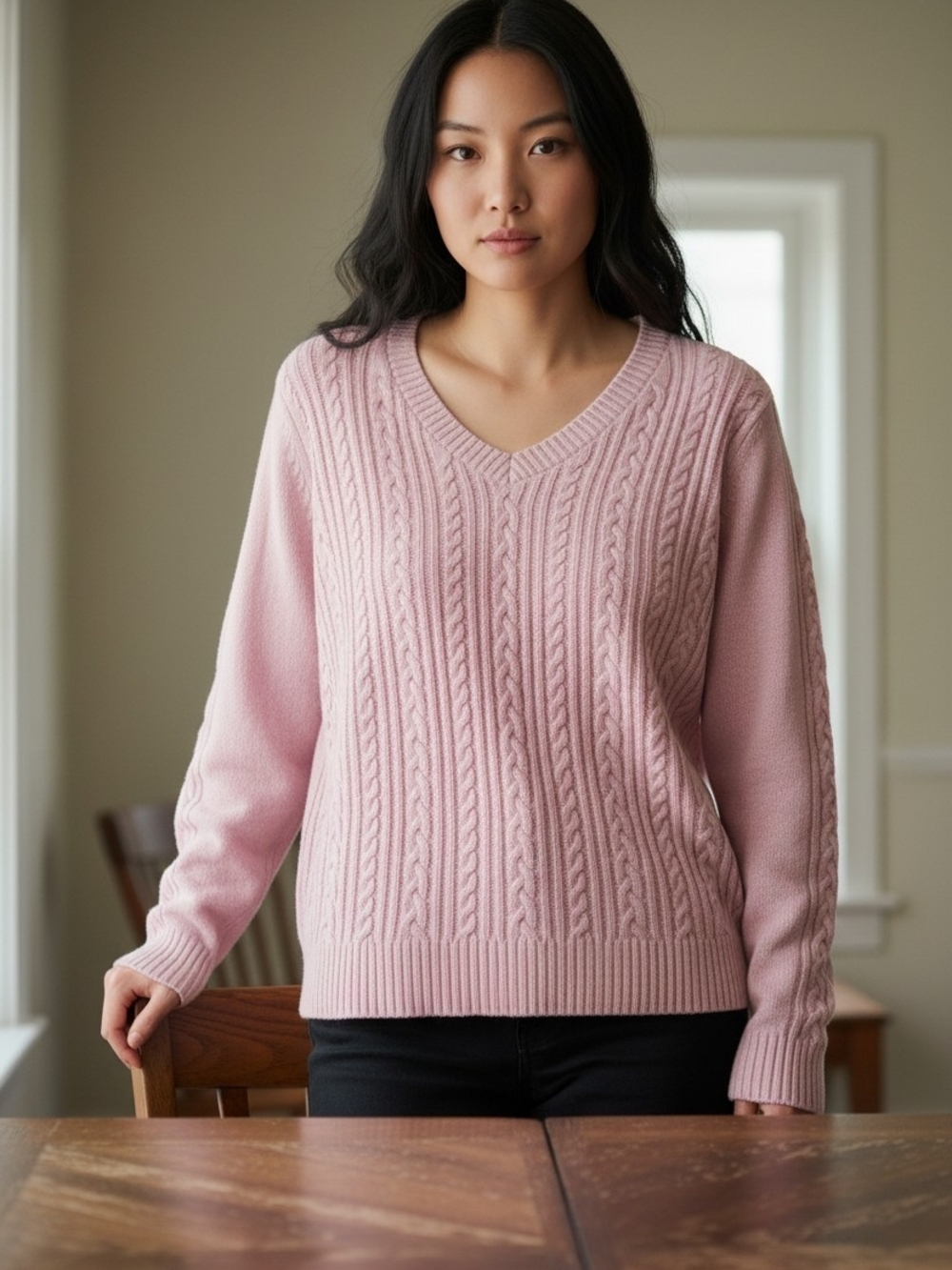 Croft & Barrow Women’s XL Pink Cable Knit V Neck Cotton Blend Sweater - Picture 8 of 8